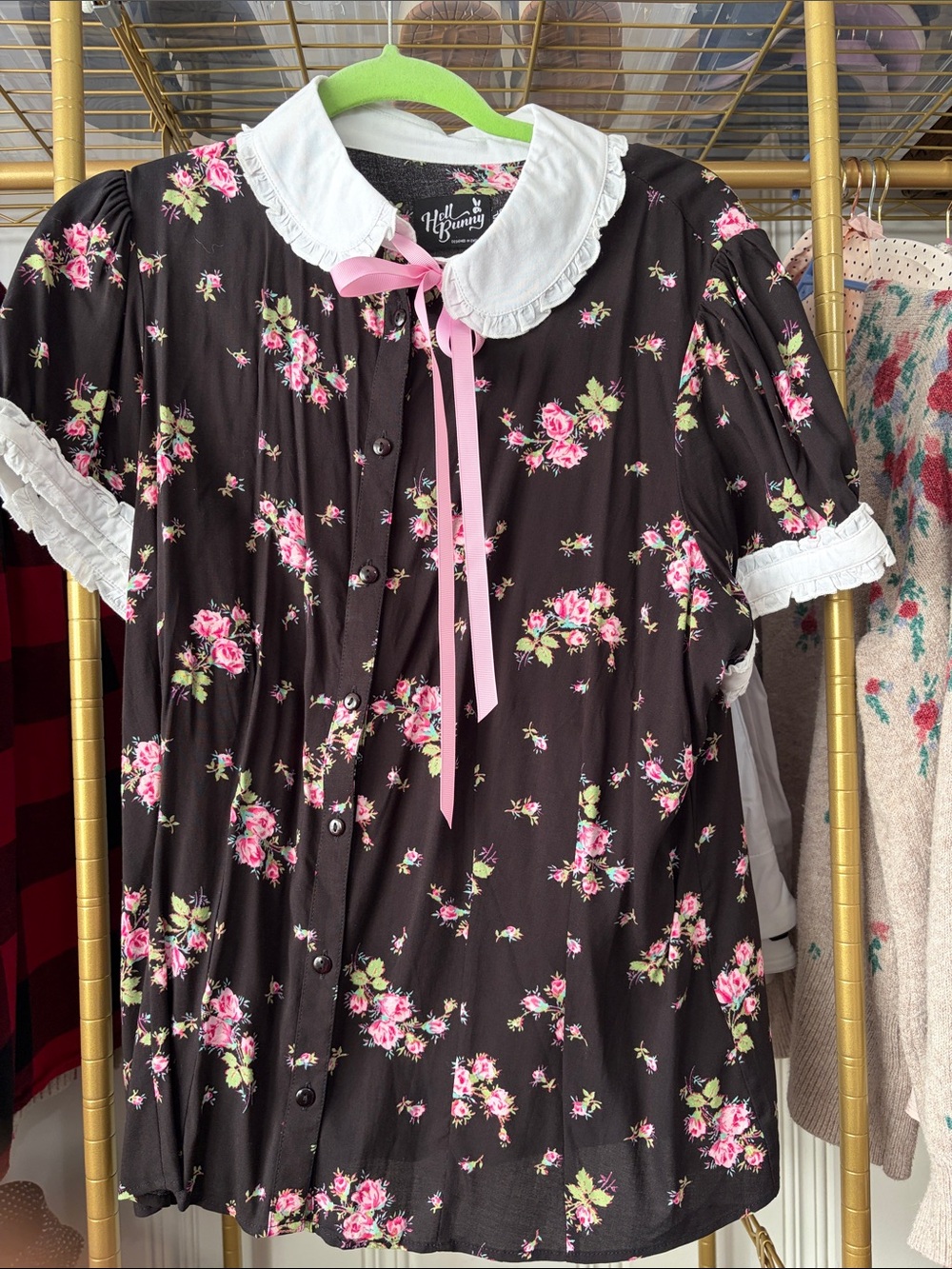 Hell Bunny Floral Peter Pan Collar Dress - Black with Pink Roses